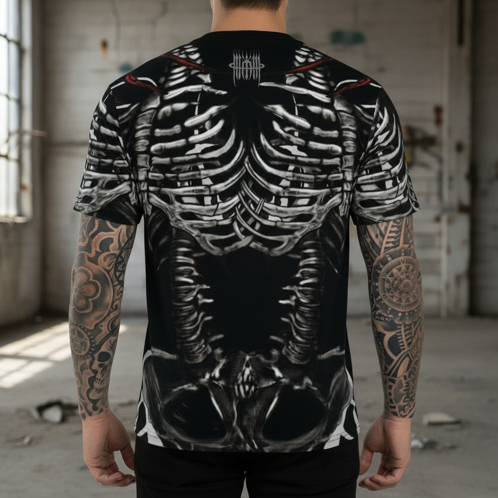 MK0KM Unisex Cut & Sew Tee (AOP) Twin Bones: A Dark Gothic Rib Dance on the Black Shirt.