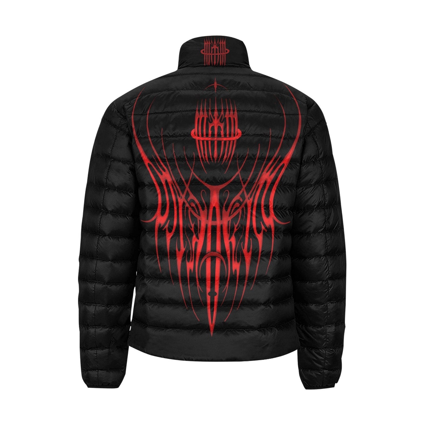 MK0KM Black Quilted Puffer Jacket W/ Red Lettering | Dark Goth Punk Tattoo Art Fashion Style - Gothic Elegance Trendy Design Look