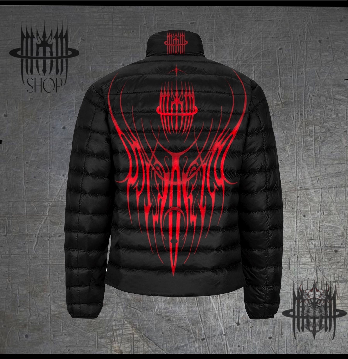 MK0KM Black Quilted Puffer Jacket W/ Red Lettering | Dark Goth Punk Tattoo Art Fashion Style - Gothic Elegance Trendy Design Look