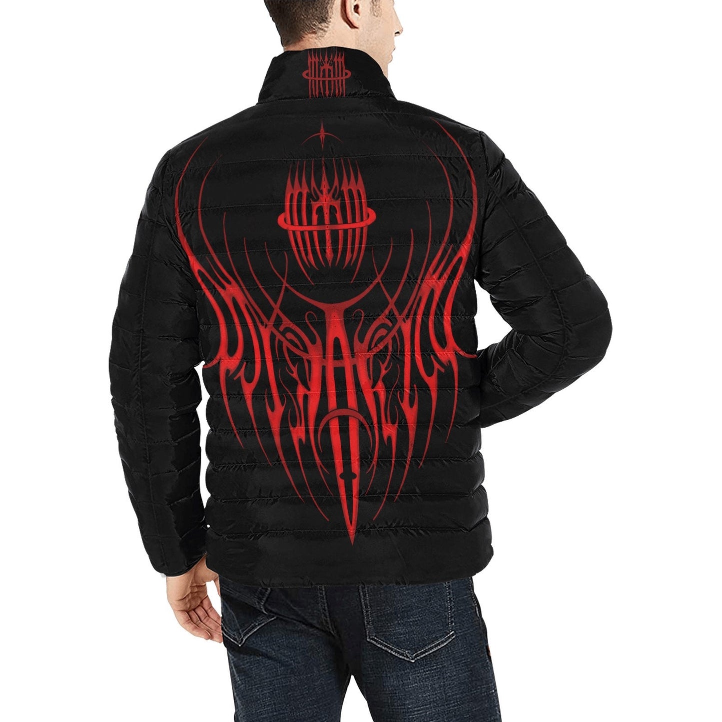 MK0KM Black Quilted Puffer Jacket W/ Red Lettering | Dark Goth Punk Tattoo Art Fashion Style - Gothic Elegance Trendy Design Look