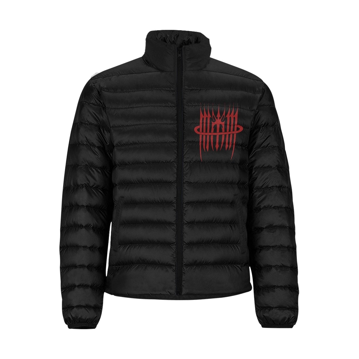 MK0KM Black Quilted Puffer Jacket W/ Red Lettering | Dark Goth Punk Tattoo Art Fashion Style - Gothic Elegance Trendy Design Look
