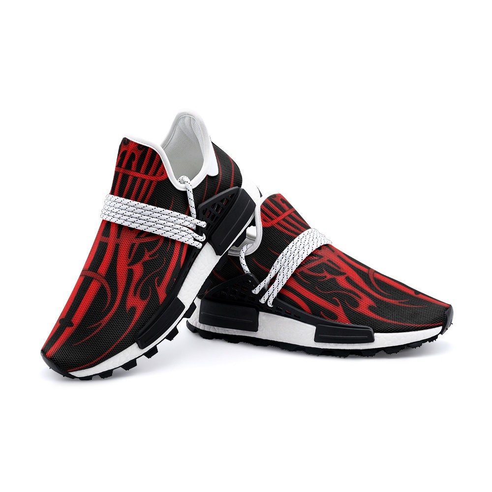 MK0KM Comfortable Eco Sustainable Unisex Sneakers - Dark Wave Goth Style in Red & Black - Ethically Produced Footwear - Brutal Rave Swag “
