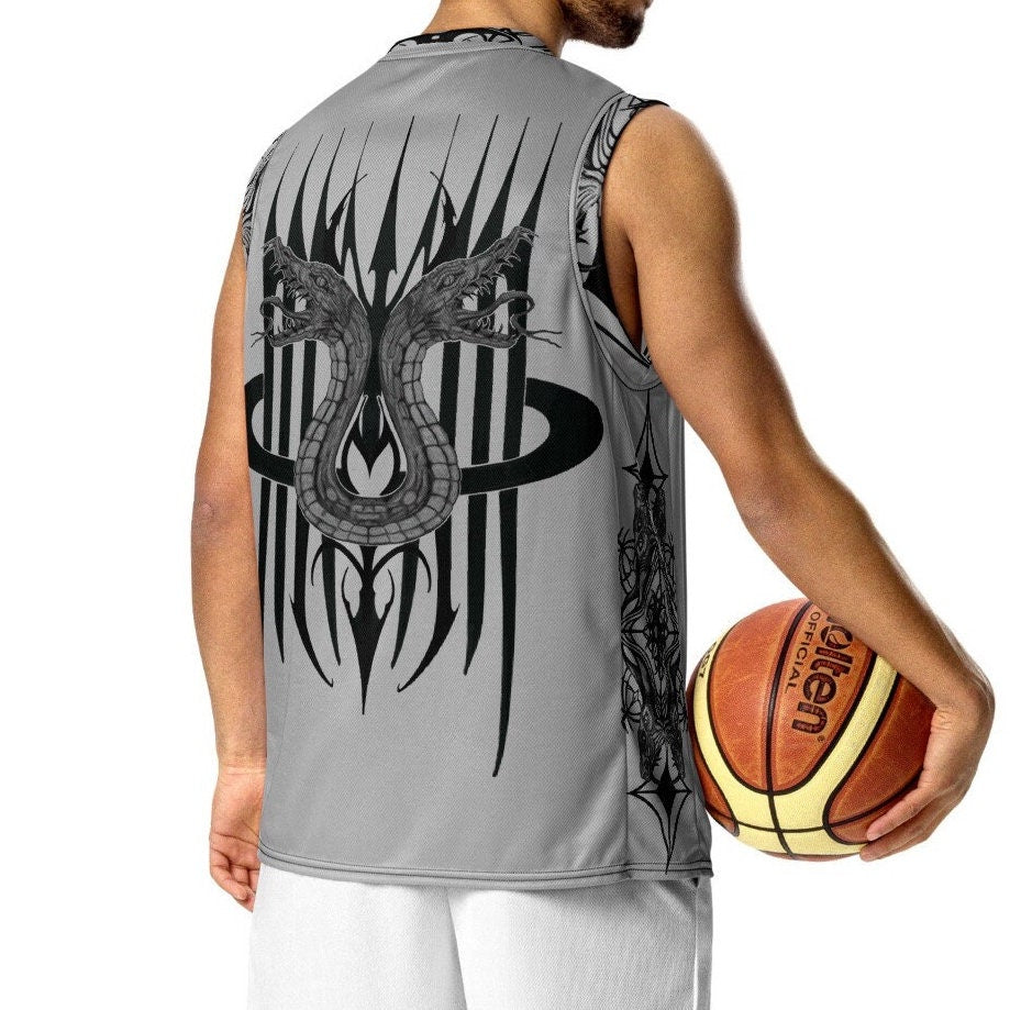 MK0KM EcoEclipse: Gray Dark Gothic Hoops Basketball T-Shirt with Medieval Dragons - Sustainable Goth Dark Fashion - Unique and Eco-Friendly
