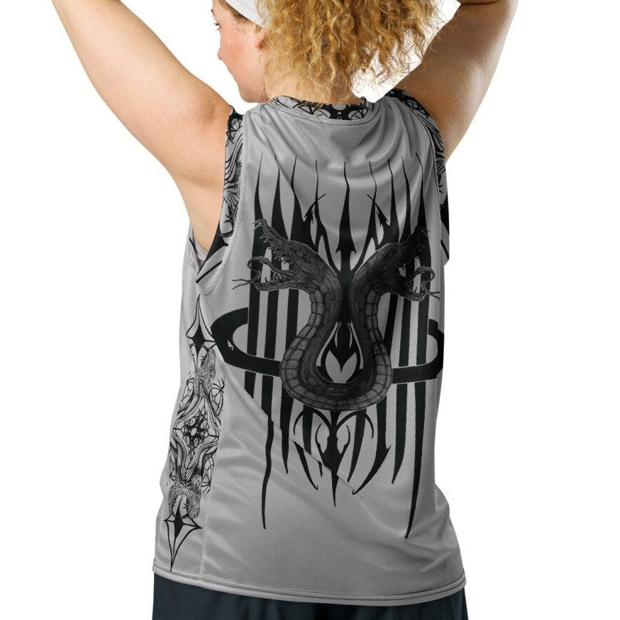 MK0KM EcoEclipse: Gray Dark Gothic Hoops Basketball T-Shirt with Medieval Dragons - Sustainable Goth Dark Fashion - Unique and Eco-Friendly