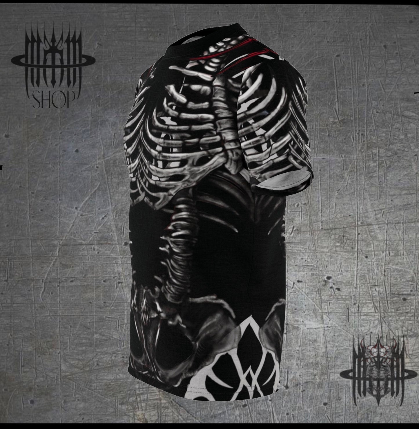 MK0KM Unisex Cut & Sew Tee (AOP) Twin Bones: A Dark Gothic Rib Dance on the Black Shirt.