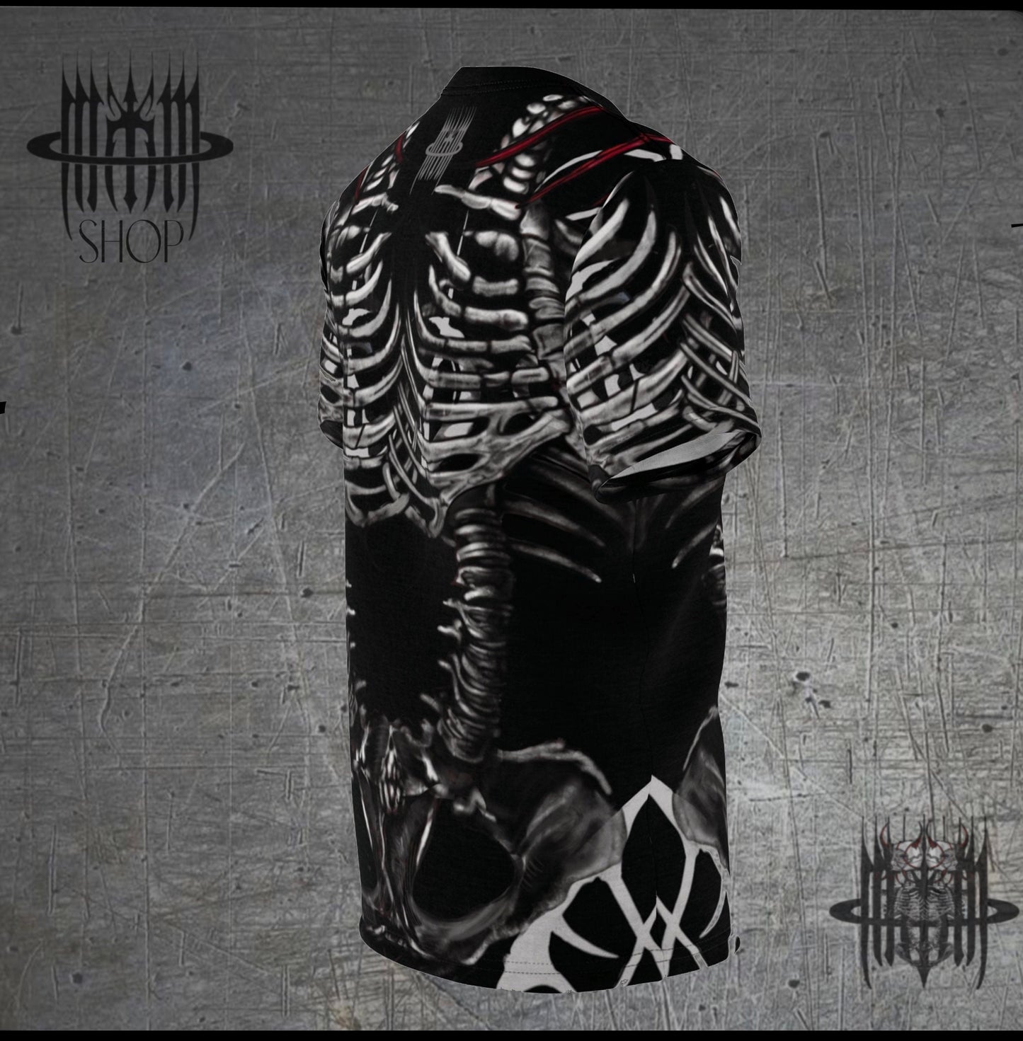 MK0KM Unisex Cut & Sew Tee (AOP) Twin Bones: A Dark Gothic Rib Dance on the Black Shirt.