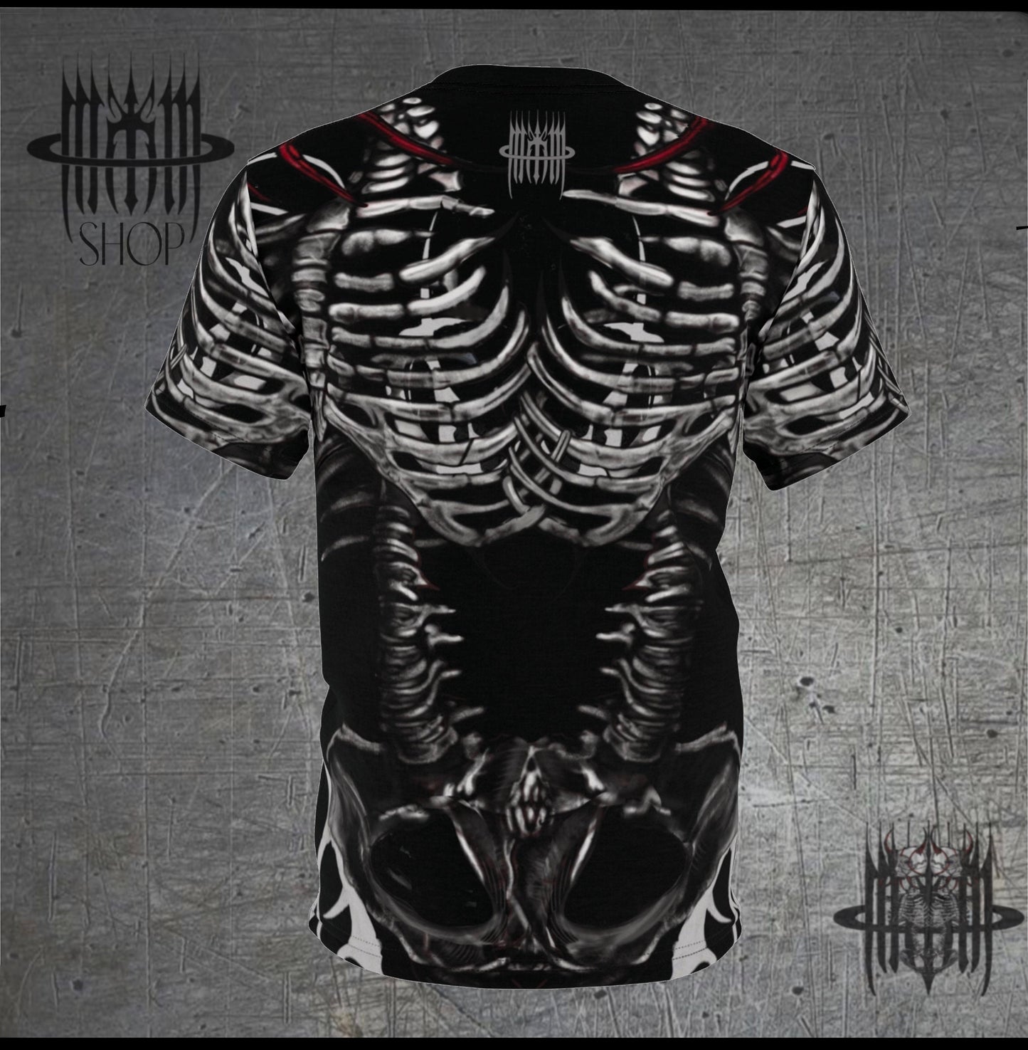 MK0KM Unisex Cut & Sew Tee (AOP) Twin Bones: A Dark Gothic Rib Dance on the Black Shirt.