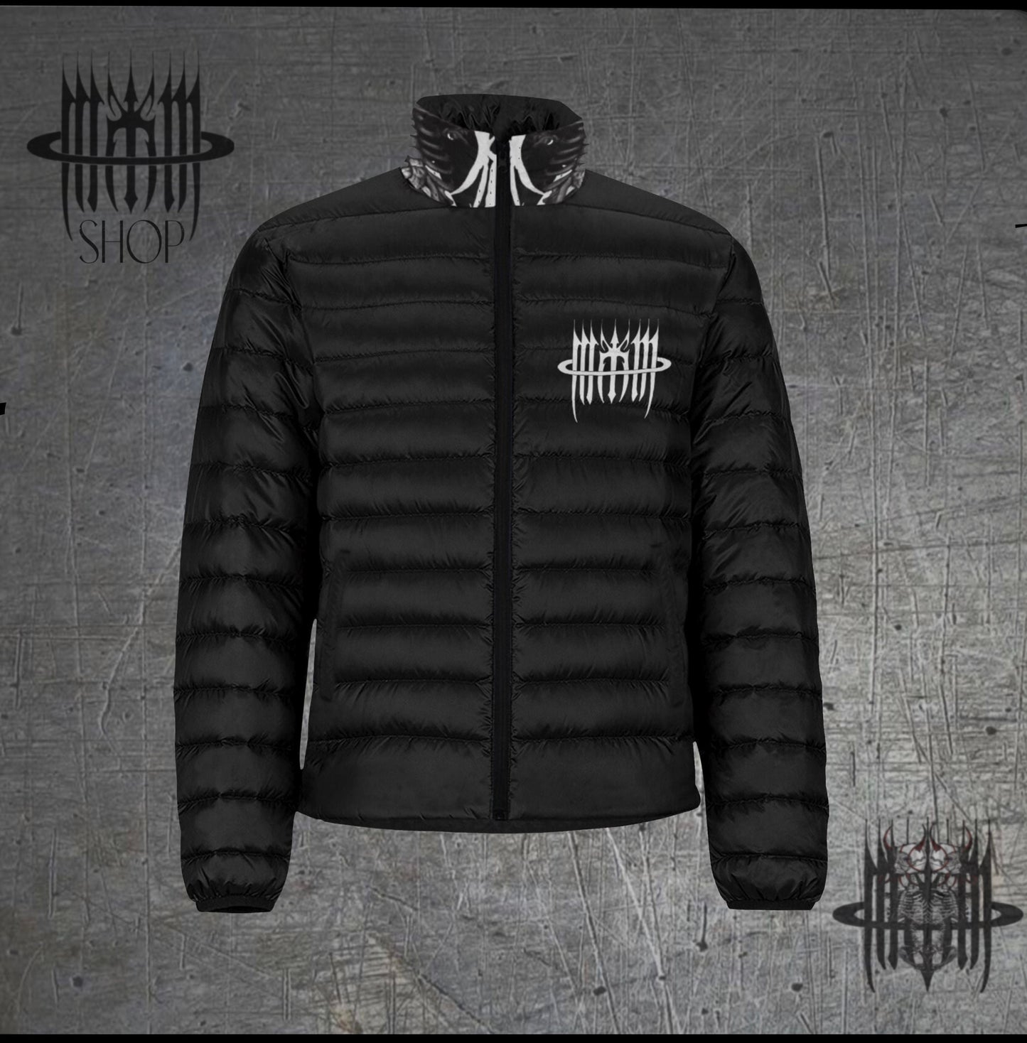 MK0KM Cybernetic Crossed Skeletons , Black Quilted Puffer Jacket - Dark Goth Punk Tattoo Art Fashion with Futuristic Elegance."
