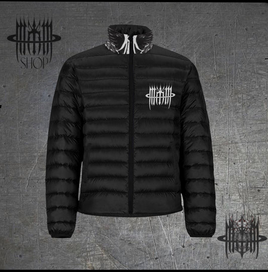 MK0KM Cybernetic Crossed Skeletons , Black Quilted Puffer Jacket - Dark Goth Punk Tattoo Art Fashion with Futuristic Elegance."