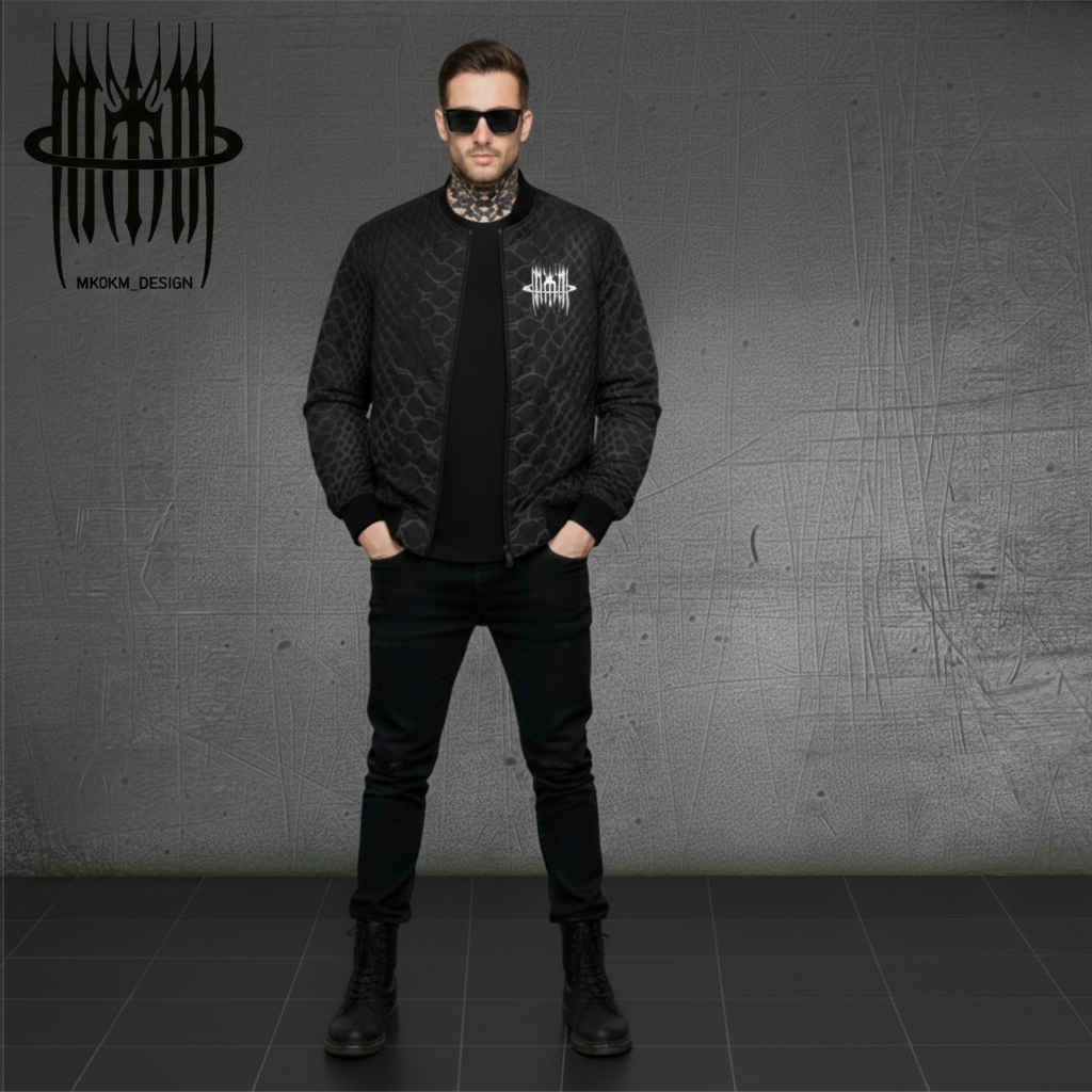 Model wearing the MK0KM Quilted Bomber Jacket H33 in black against a dark grey wall, MK0KM DESIGN