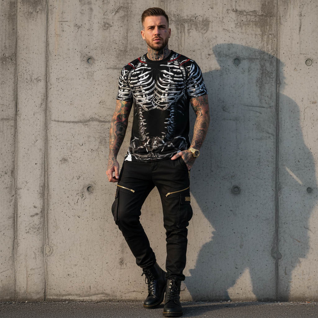 MK0KM Unisex Cut & Sew Tee (AOP) Twin Bones: A Dark Gothic Rib Dance on the Black Shirt.