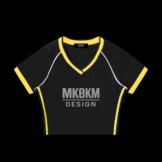 MK0KM Contrast Trim V-Neck Crop T-Shirt
