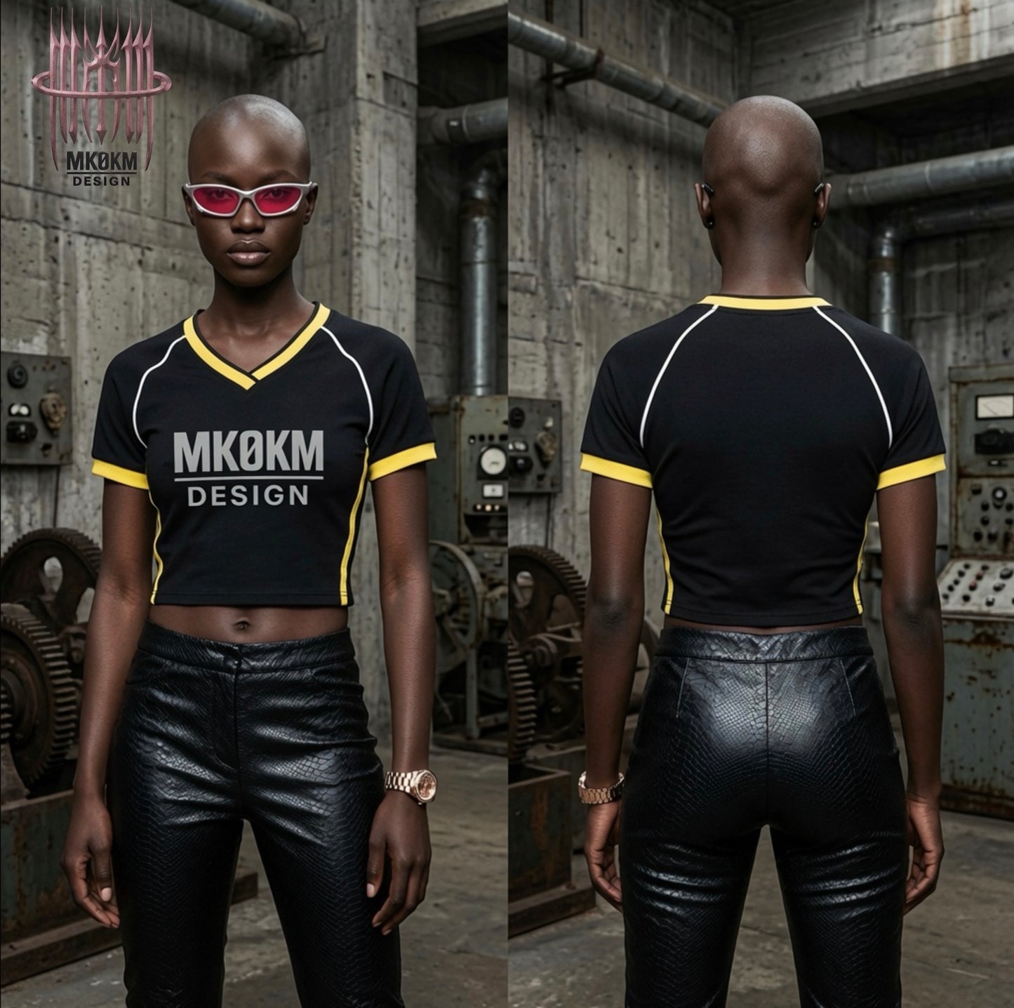MK0KM Contrast Trim V-Neck Crop T-Shirt