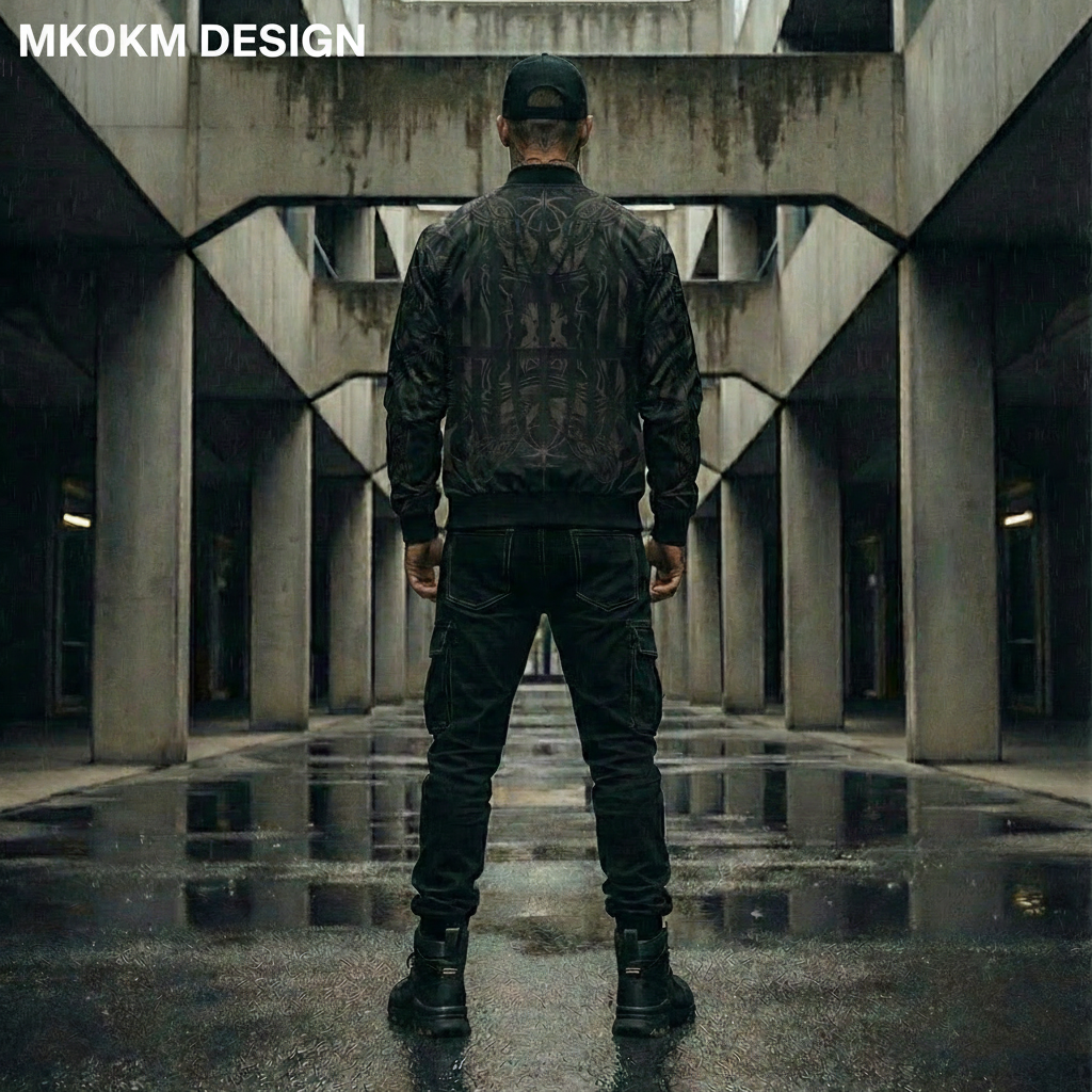 MK0KM  Gothic Punk Printed Bomber Jacket - Dark Cleanse. Perfect for rave parties, stylish streetwear for every occasion! UK Style