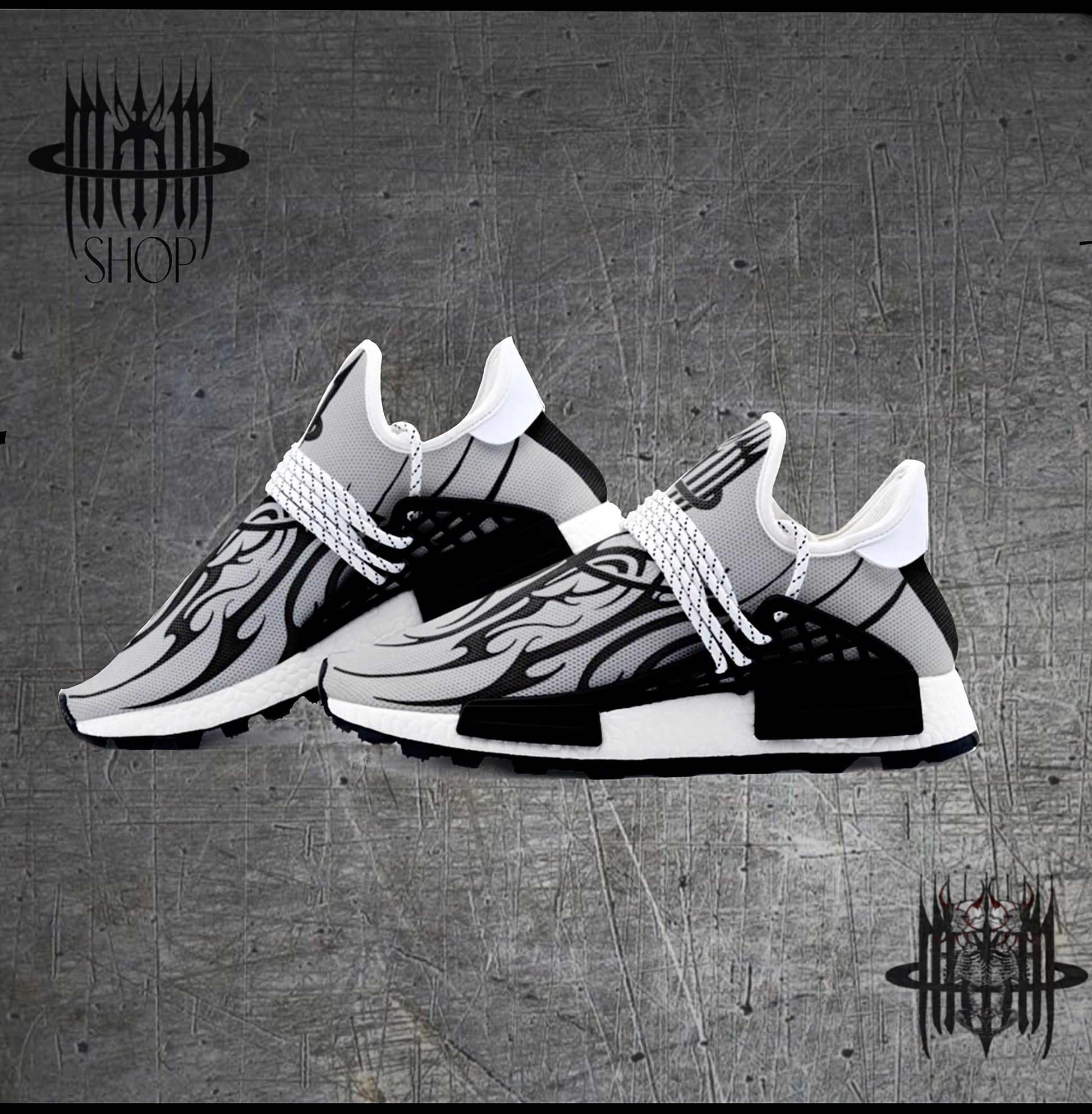 MK0KM Comfortable Eco Sustainable Unisex Sneakers - Dark Wave Goth Style in Grey & Black - Ethically Produced Footwear - Brutal Rave