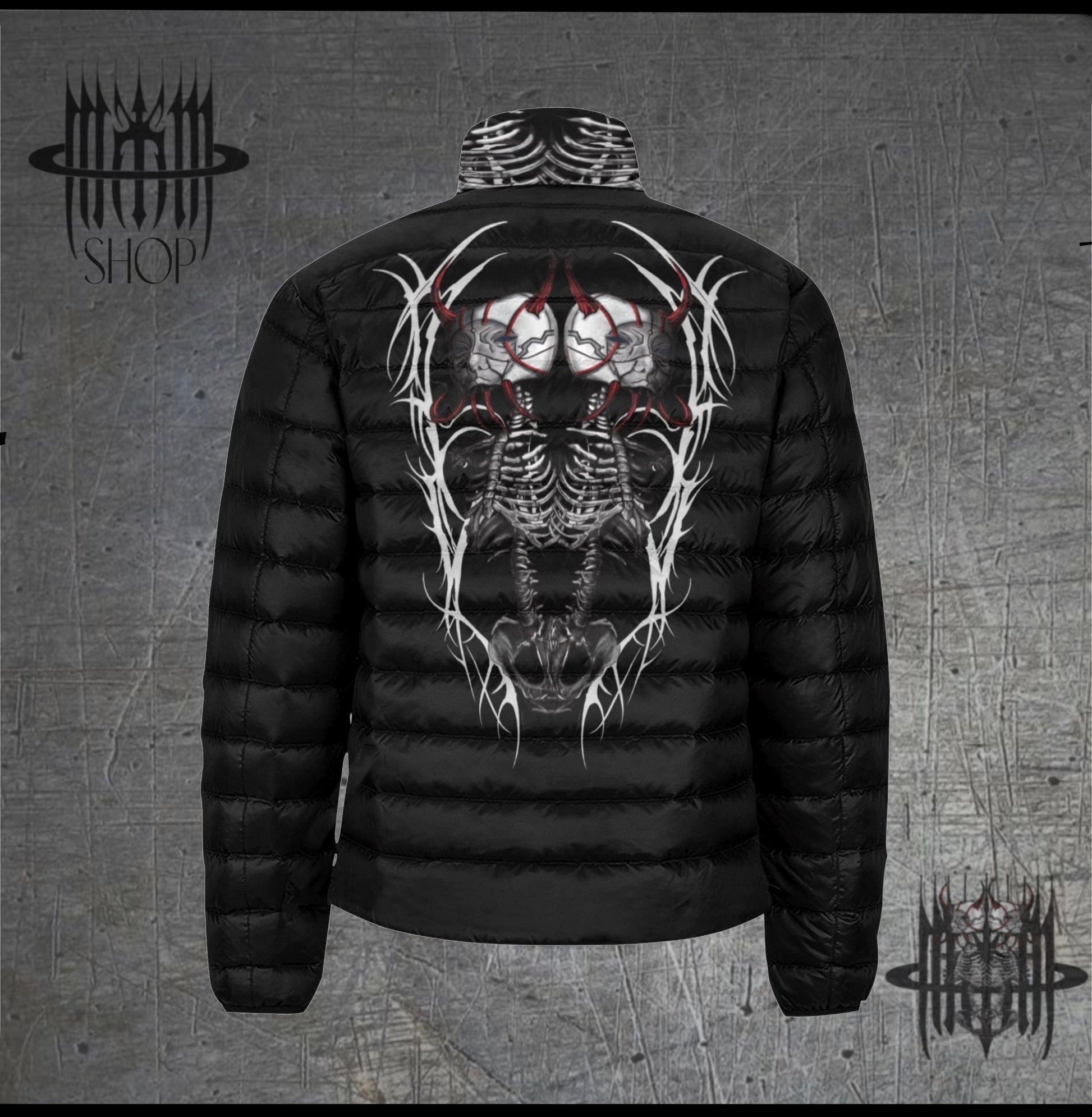 MK0KM Cybernetic Crossed Skeletons , Black Quilted Puffer Jacket - Dark Goth Punk Tattoo Art Fashion with Futuristic Elegance."