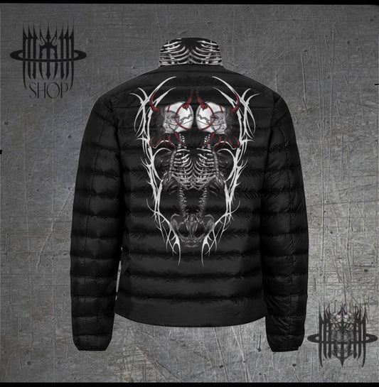 MK0KM Cybernetic Crossed Skeletons , Black Quilted Puffer Jacket - Dark Goth Punk Tattoo Art Fashion with Futuristic Elegance."
