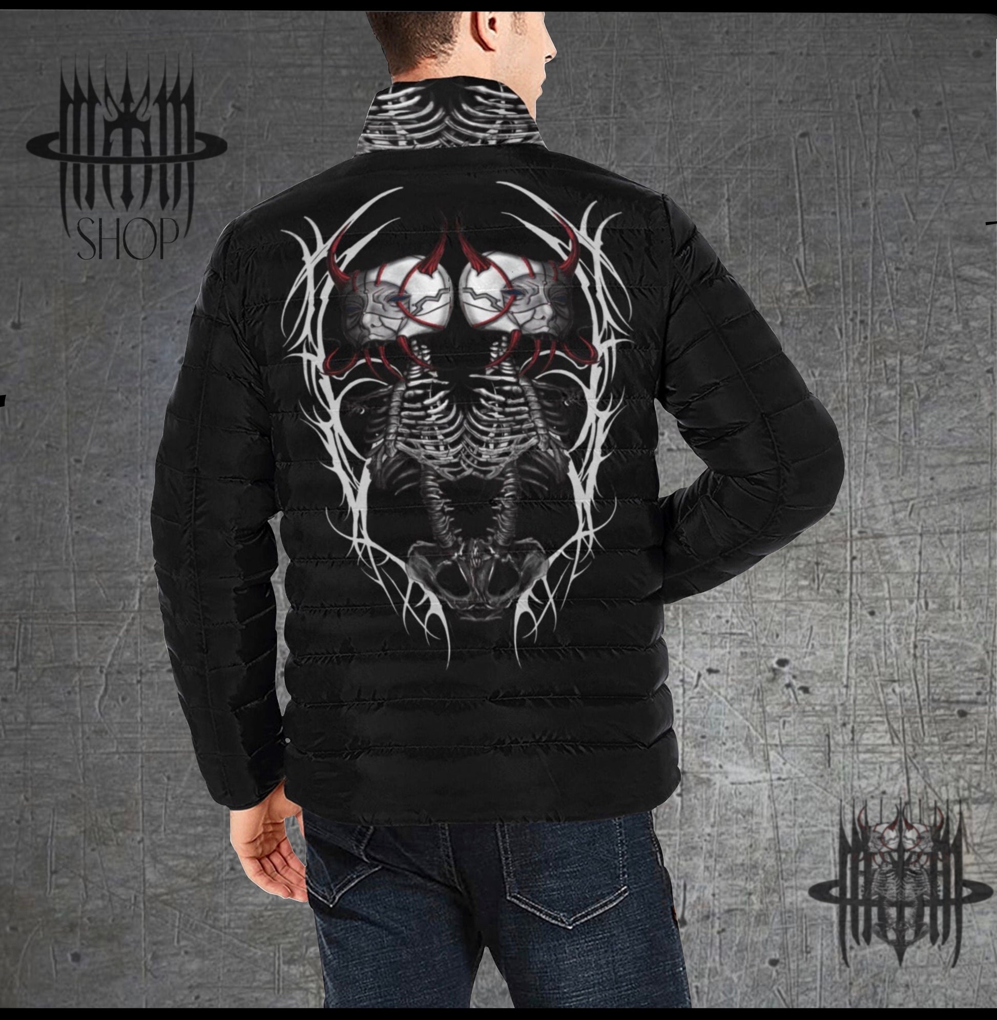 MK0KM Cybernetic Crossed Skeletons , Black Quilted Puffer Jacket - Dark Goth Punk Tattoo Art Fashion with Futuristic Elegance."