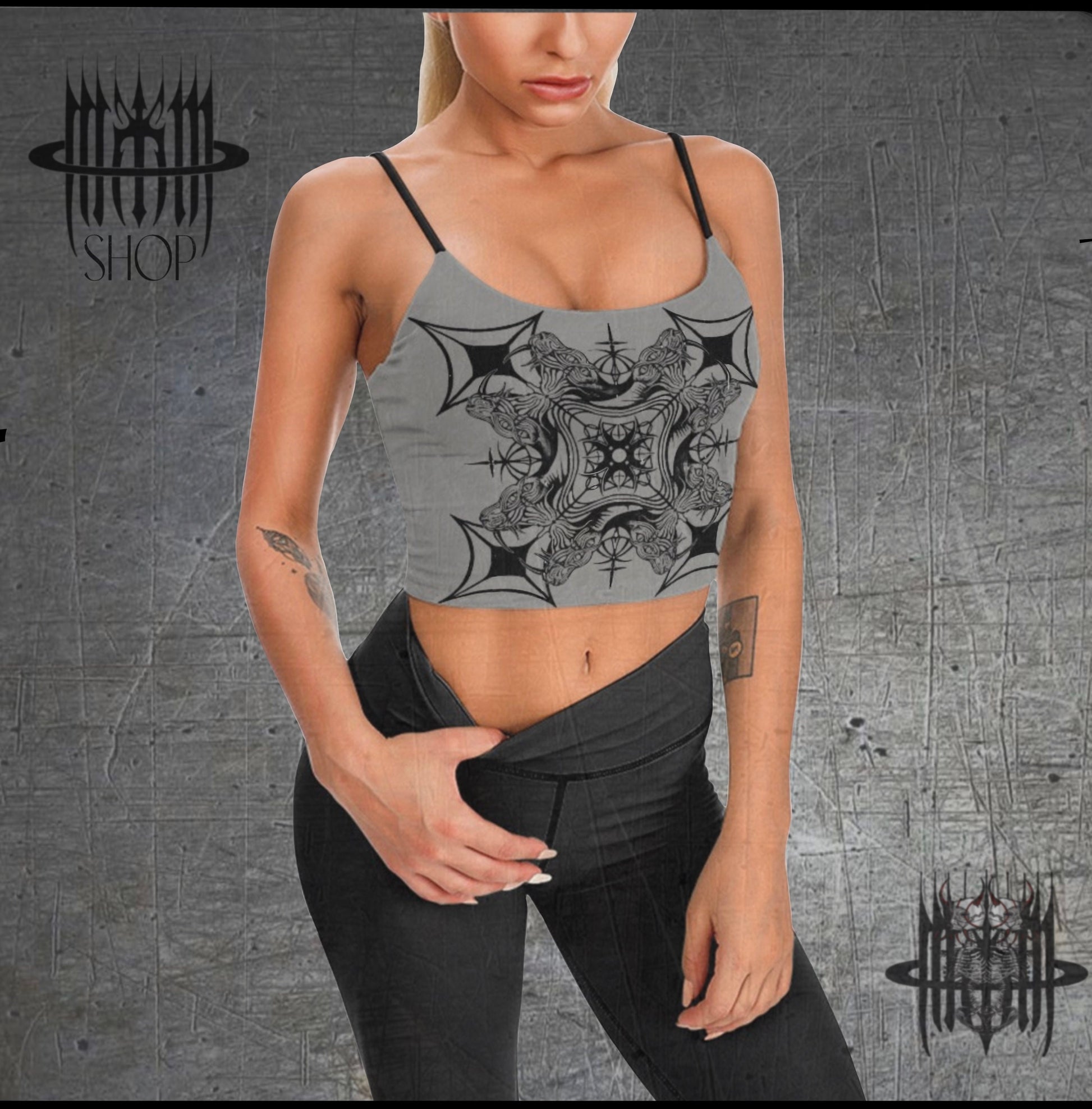MK0KM Vintage Chic: Gothic Elegance, Comfort, and 4 Sphinx Cats on the Cross. Unique Women's Camisole for a Darkly Stylish Statement