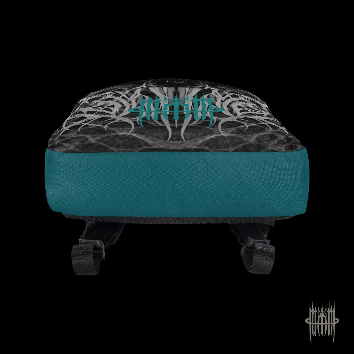 MK0KM Backpack GRX – bottom view with teal base and straps, on black background