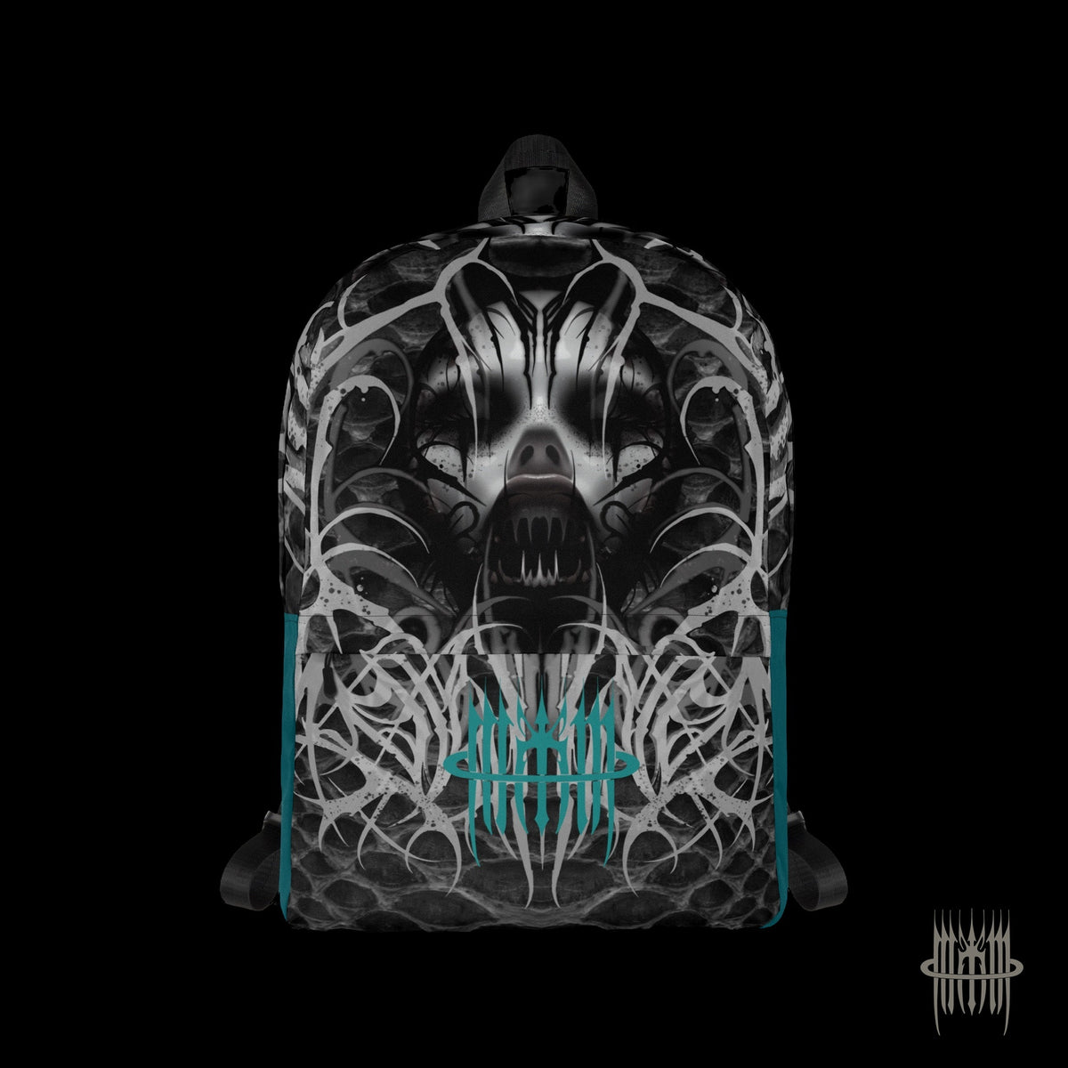 MK0KM Backpack GRX – front view with skull and tribal print, on black background