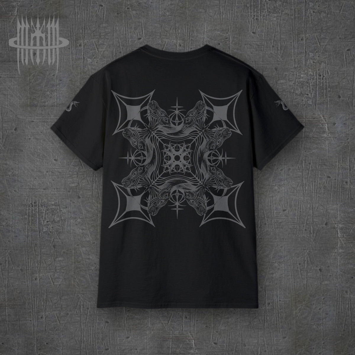 MK0KM Sphinx Cat Gothic Cross Unisex Cotton T-Shirt – black, back view, dark concrete background