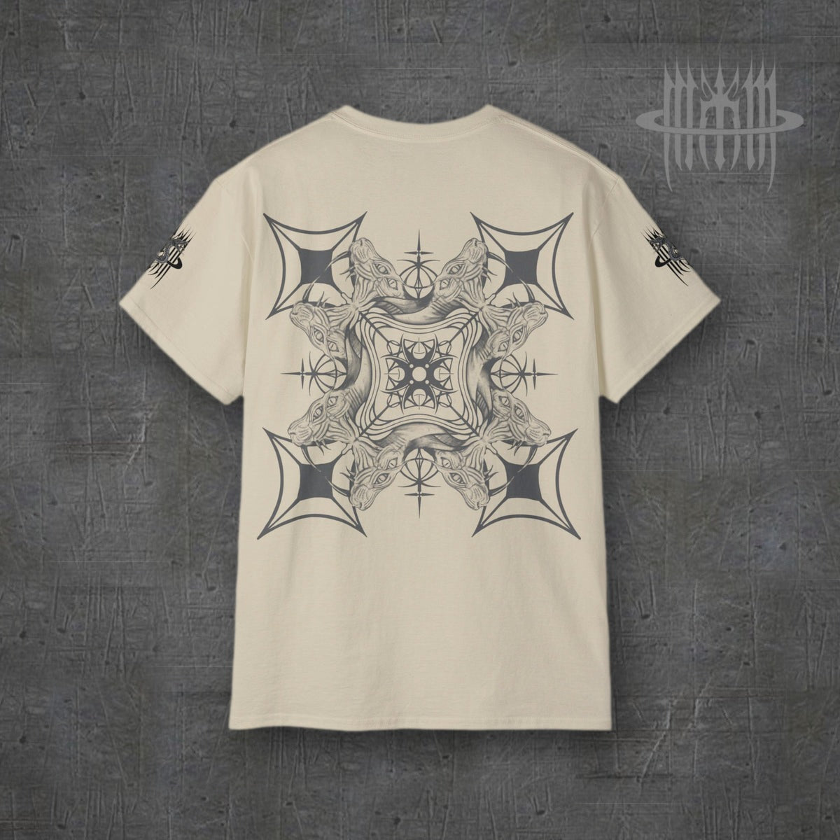 MK0KM Sphinx Cat Gothic Cross Unisex Cotton T-Shirt – sand, back view, dark concrete background