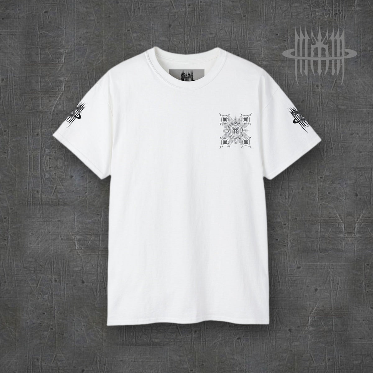 MK0KM Sphinx Cat Gothic Cross Unisex Cotton T-Shirt – white, front view, dark concrete background