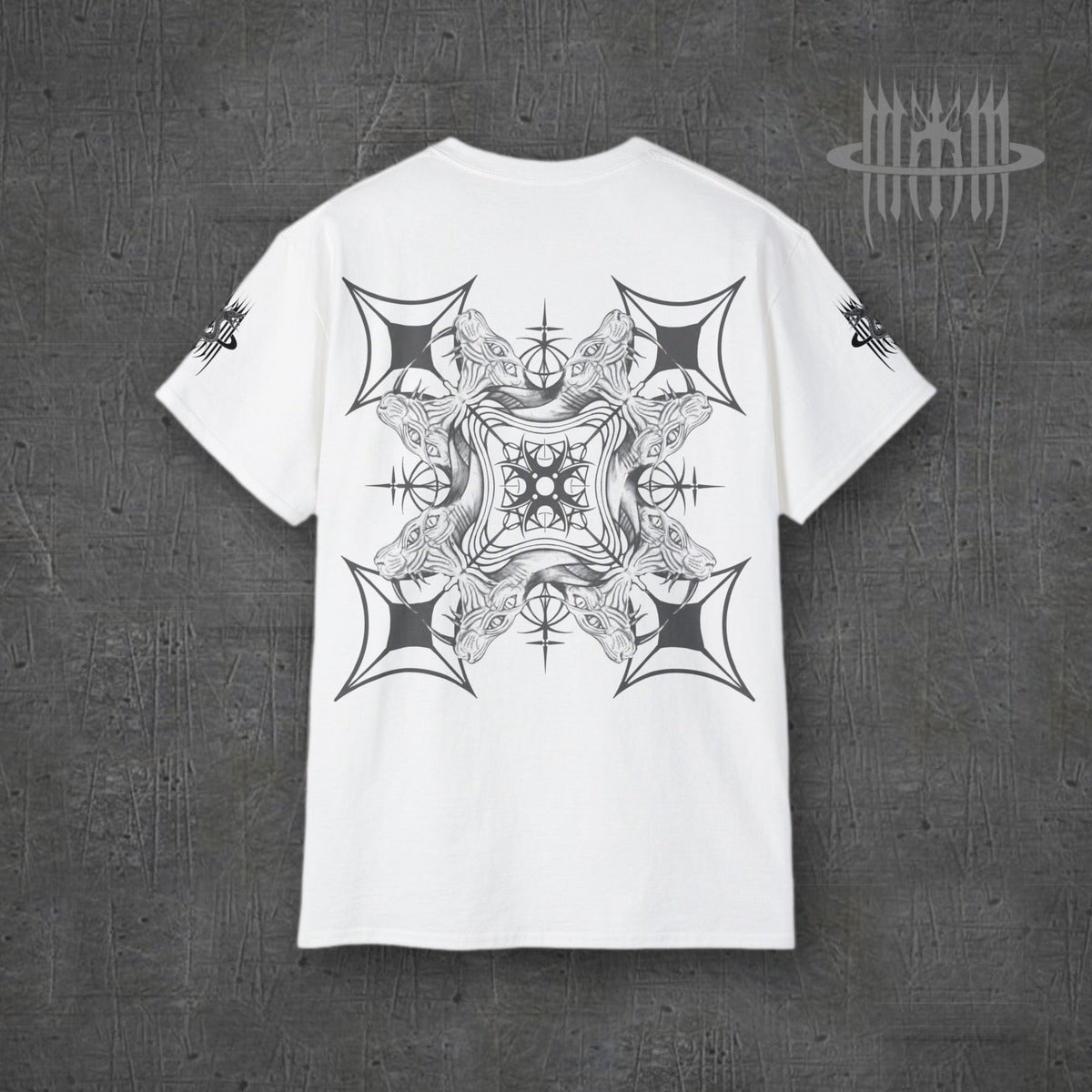 MK0KM Sphinx Cat Gothic Cross Unisex Cotton T-Shirt – white, back view, dark concrete background