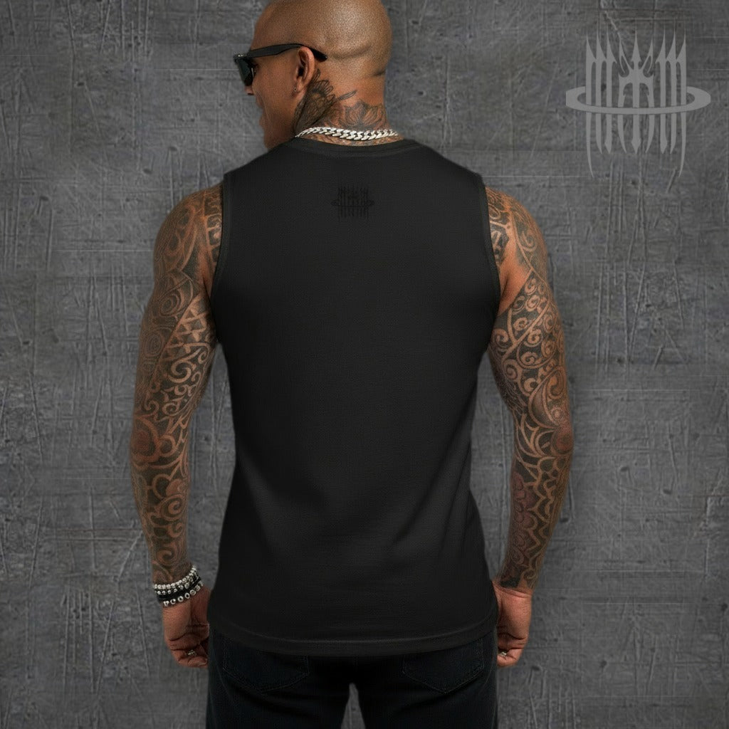 MK0KM Gothic eco-friendly tank top DRK_TW_DVLS – model back view, dark concrete background