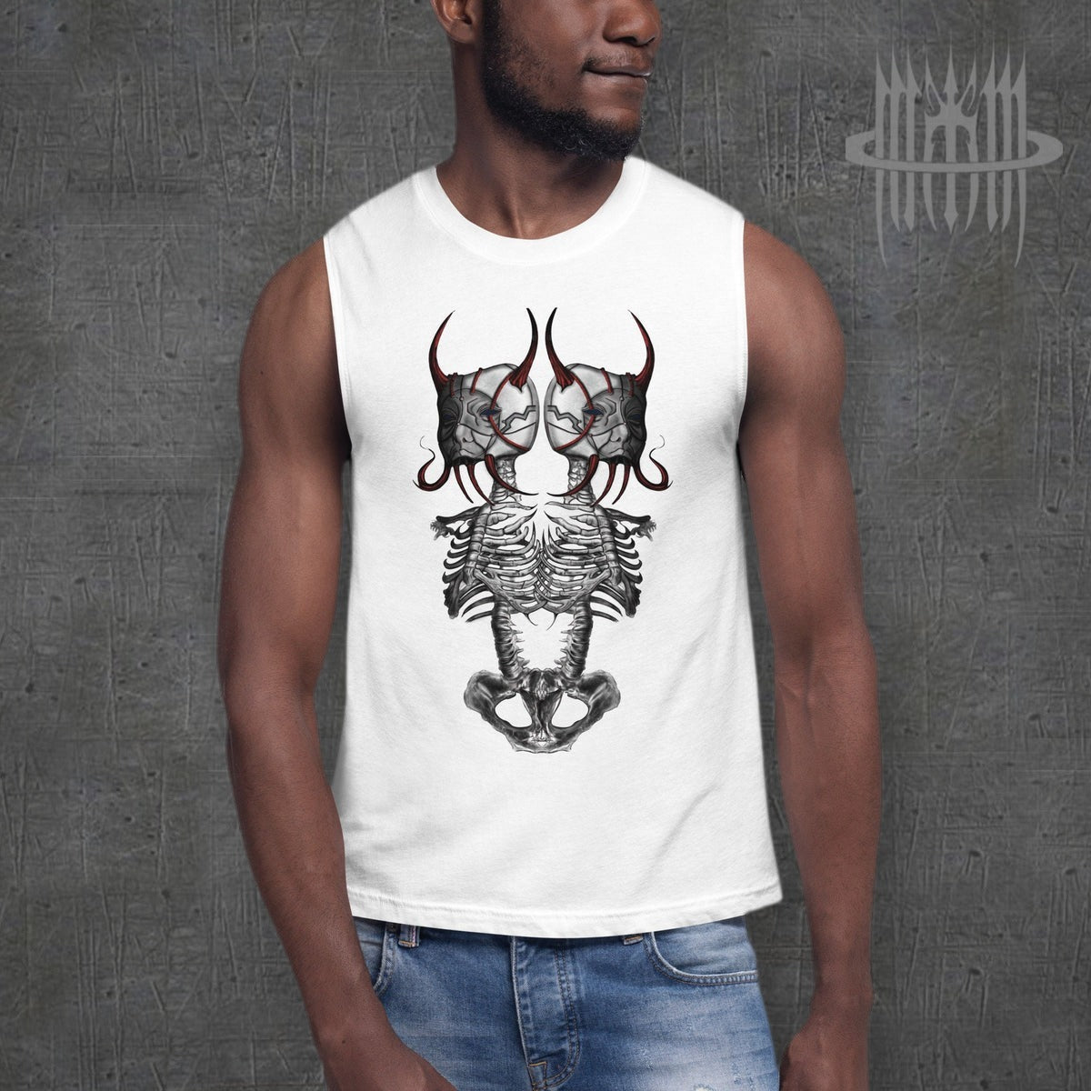 MK0KM Gothic eco-friendly tank top DRK_TW_DVLS – white, model front view, dark concrete background