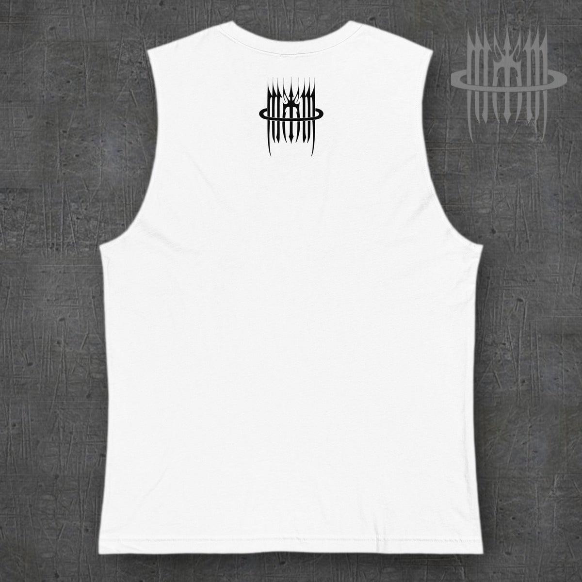 MK0KM Gothic eco-friendly tank top DRK_TW_DVLS – white, back view, dark concrete background