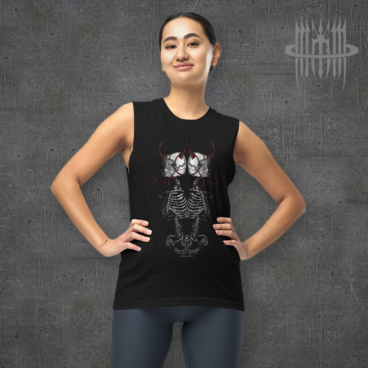 MK0KM Gothic eco-friendly tank top DRK_TW_DVLS – model front view, dark concrete background