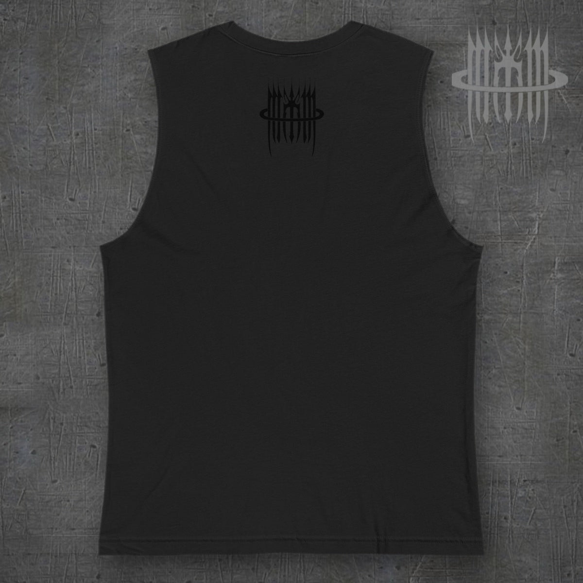 MK0KM Gothic eco-friendly tank top DRK_TW_DVLS – black, back view, dark concrete background