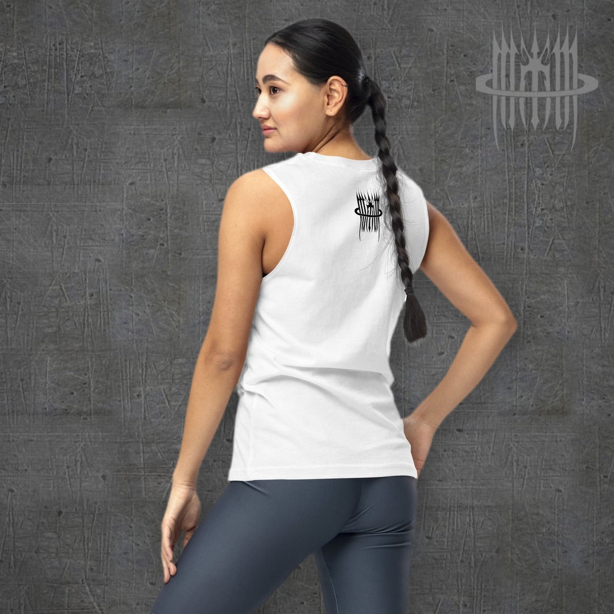 MK0KM Gothic eco-friendly tank top DRK_TW_DVLS – white, model back view, dark concrete background