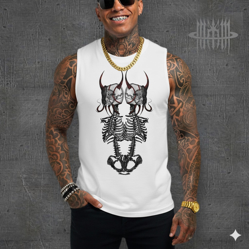 MK0KM Gothic eco-friendly tank top DRK_TW_DVLS – white, model front view, dark concrete background