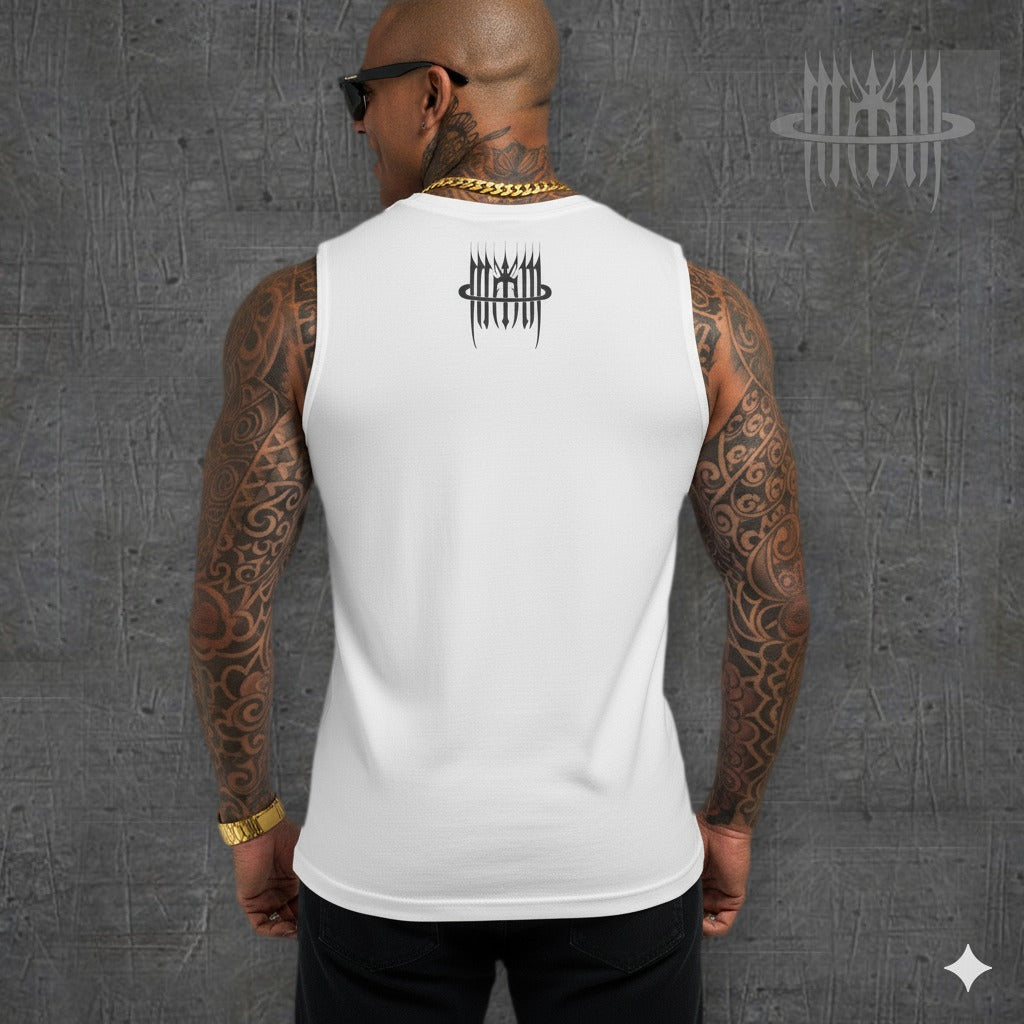 MK0KM Gothic eco-friendly tank top DRK_TW_DVLS – white, model back view, dark concrete background