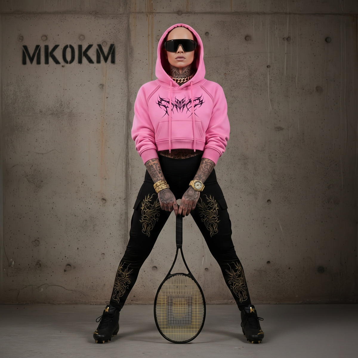 MK0KM Snow Washed Cropped Hoodie GRX pink