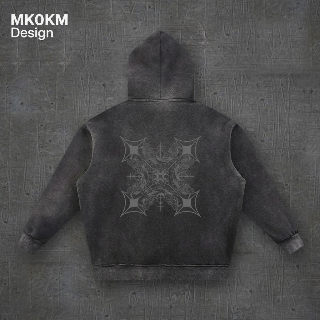 MK0KM Sun Fade Contrast Tape Fleece Hoodie – back view, dark concrete background
