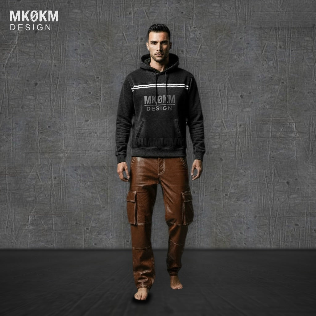 MK0KM Sun Fade Contrast Tape Fleece Hoodie – model front view, dark concrete background