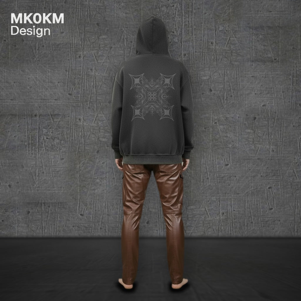 MK0KM Sun Fade Contrast Tape Fleece Hoodie – model back view, dark concrete background
