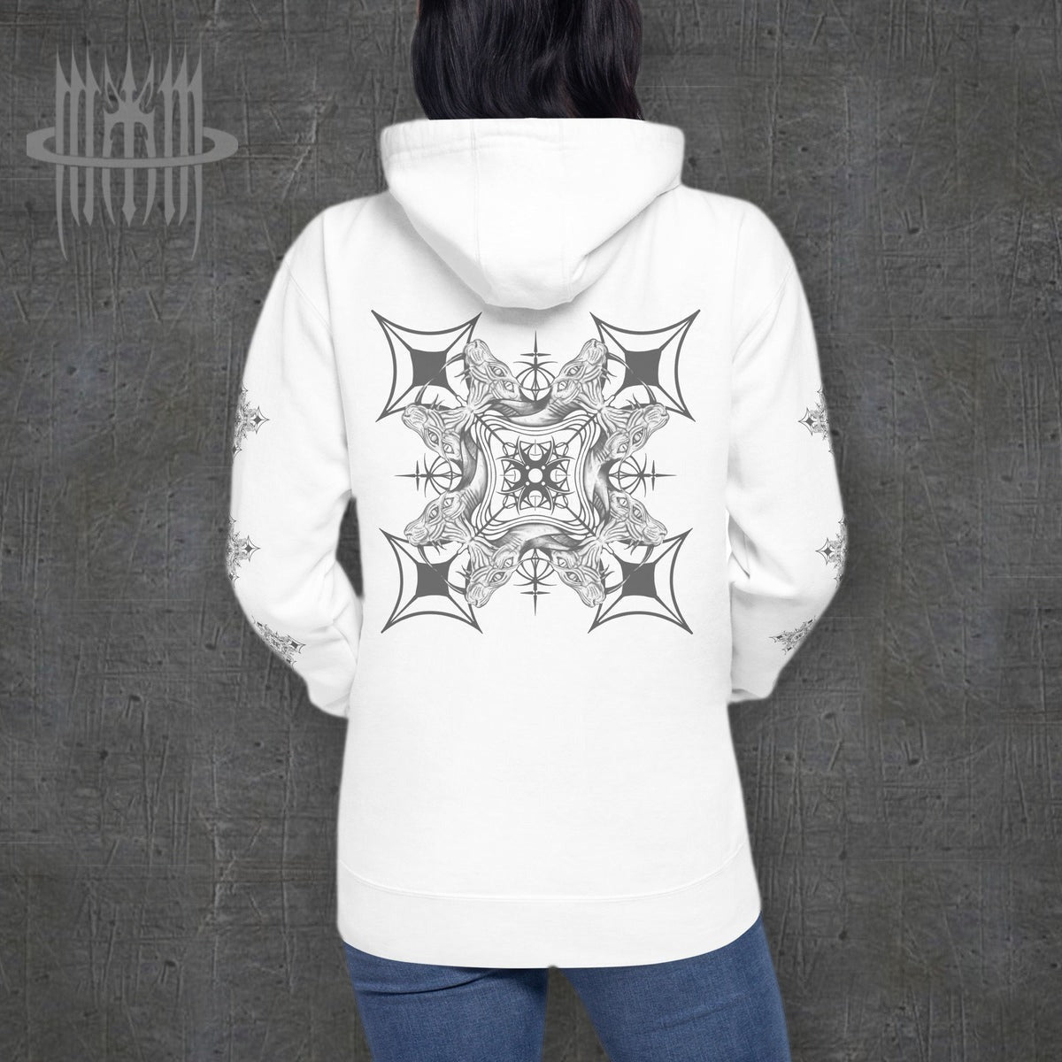 MK0KM Unisex Hoodie – white, model back view, dark concrete background