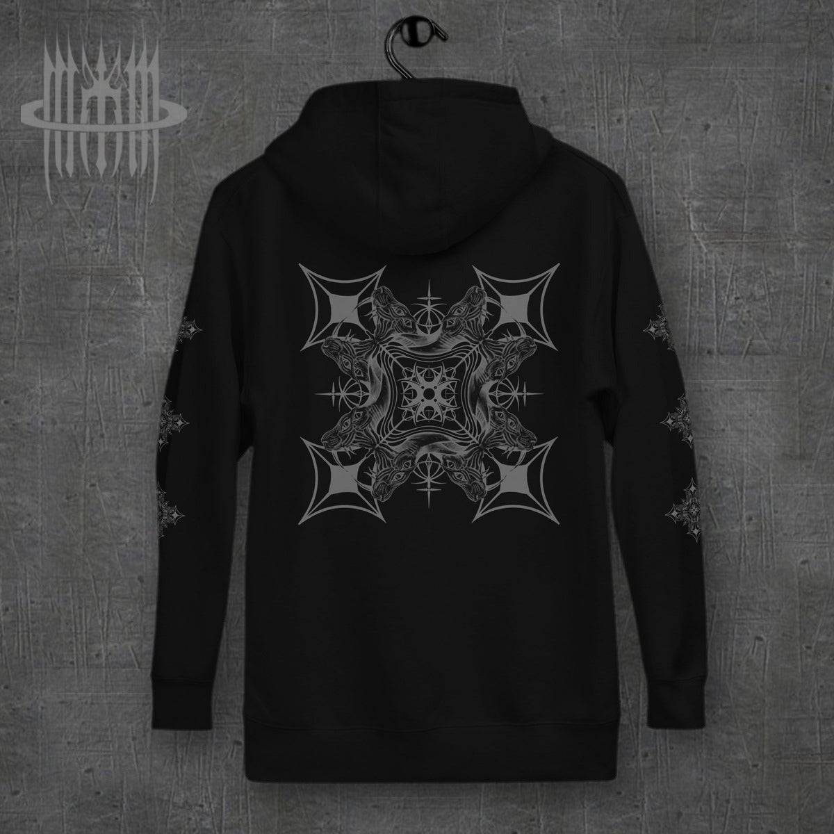 MK0KM Unisex Hoodie – black, back view, dark concrete background