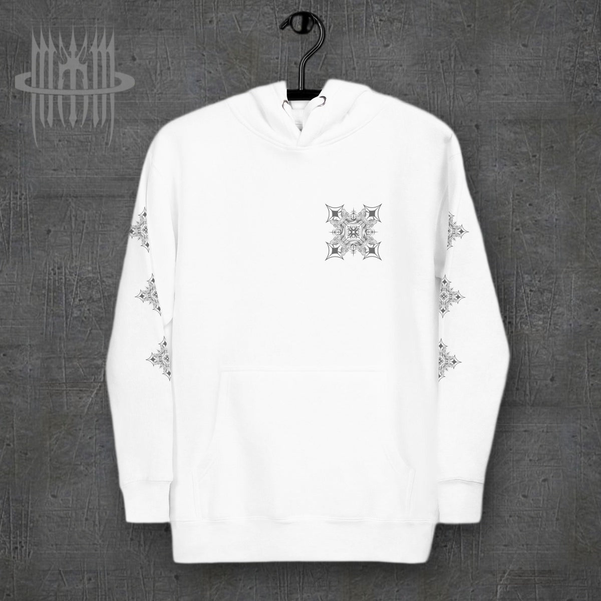 MK0KM Unisex Hoodie – white, front view, dark concrete background