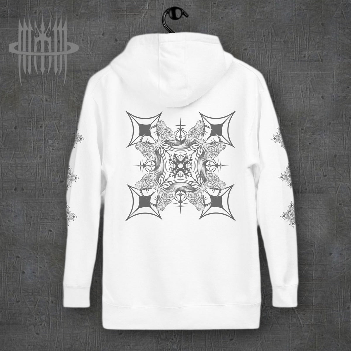 MK0KM Unisex Hoodie – white, back view, dark concrete background